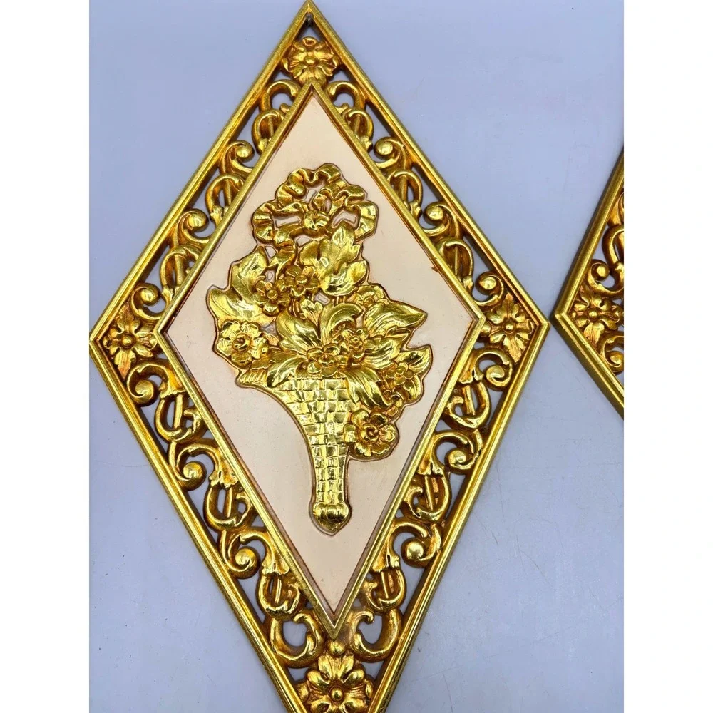 Vtg Syroco Diamond‎ Shaped Wall Art Set Gold Tone Musical Notes Floral Hollywood